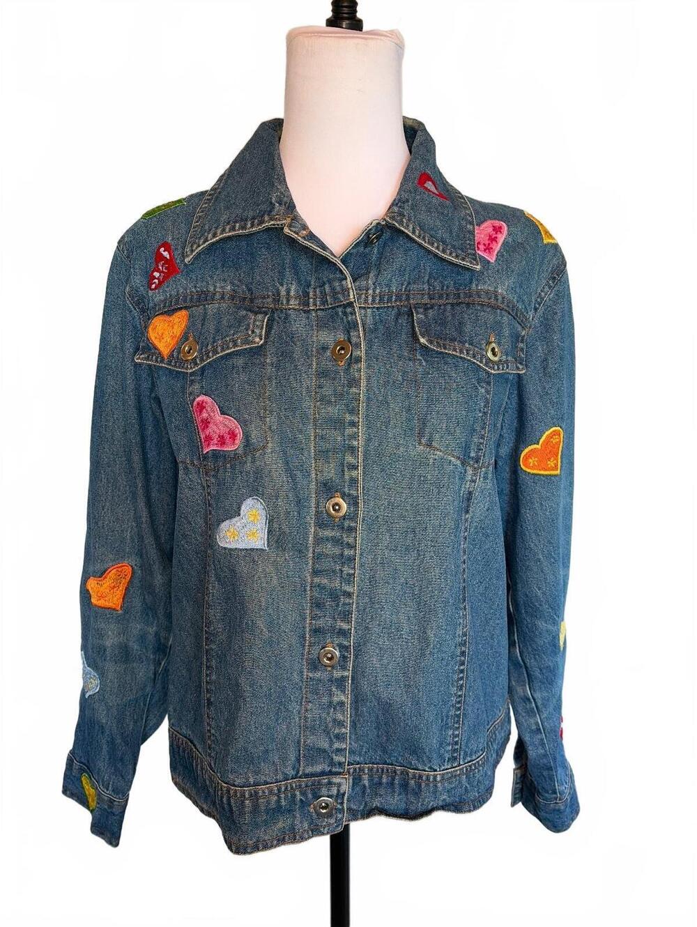 Denim Novelty Happy Heart Patch Jacket Medium Wash L Y2K Kawaii Kidcore Artsy